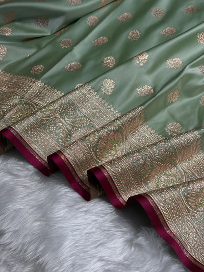Floral boota Satin katan Silk Saree In Pista  Shades SK12