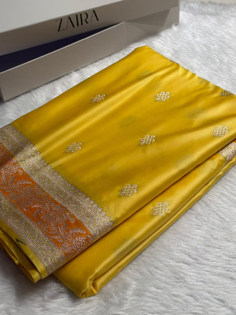 Banarasi Floral Booti Pattern in Yellow Shades Floral Mashru Silk Saree MCS101