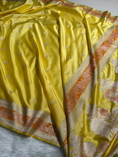Banarasi Floral Booti Pattern in Yellow Shades Floral Mashru Silk Saree MCS101