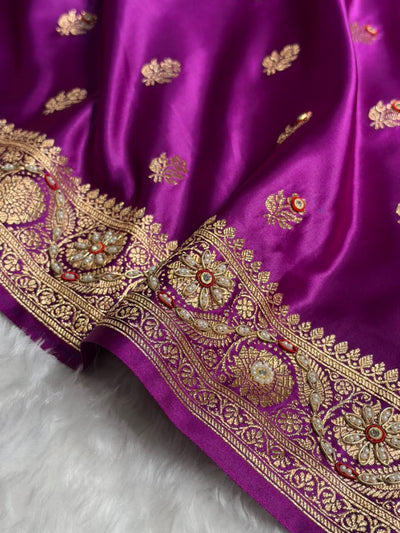 Banarasi Bridal Wine Floral Boota Pattern Work Satin Katan Silk Saree BSK71