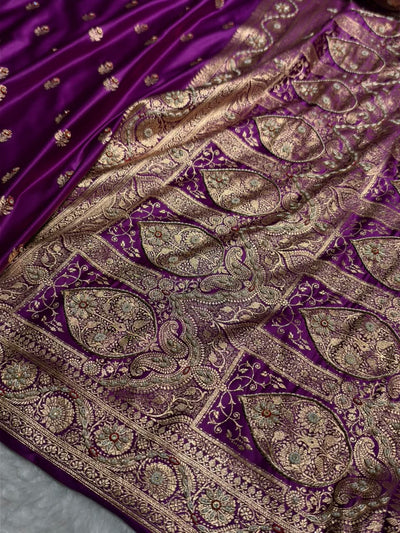Banarasi Bridal Wine Floral Boota Pattern Work Satin Katan Silk Saree BSK71