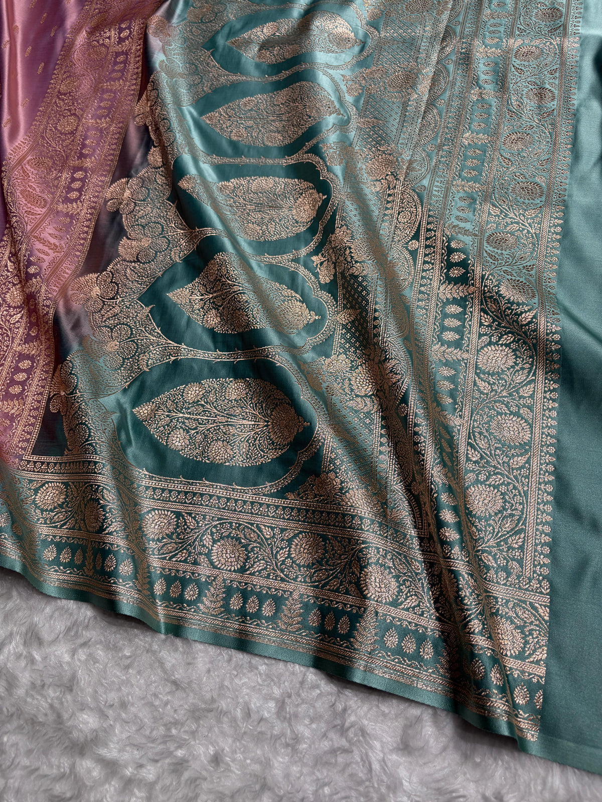 Lavendar / Teal Green Booti Banarasi Satin Katan Silk Saree SK14