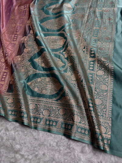 Lavendar / Teal Green Booti Banarasi Satin Katan Silk Saree SK14