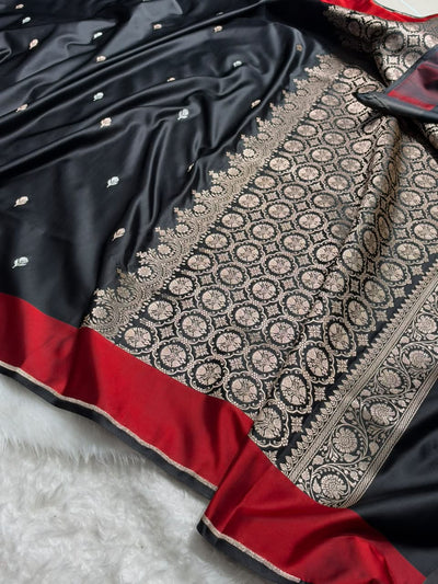 Black With Maroon Red Shades Border Banarasi Booti Pattern Mashru Silk Saree MSM-141