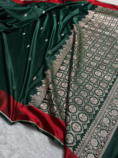 Bottle Green With Red Maroon Shades Border Banarasi Booti Pattern Mashru Silk Saree MSM-141