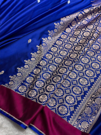 Royal Blue With Rani Shades Border Banarasi Booti Pattern Mashru Silk Saree MSM-141