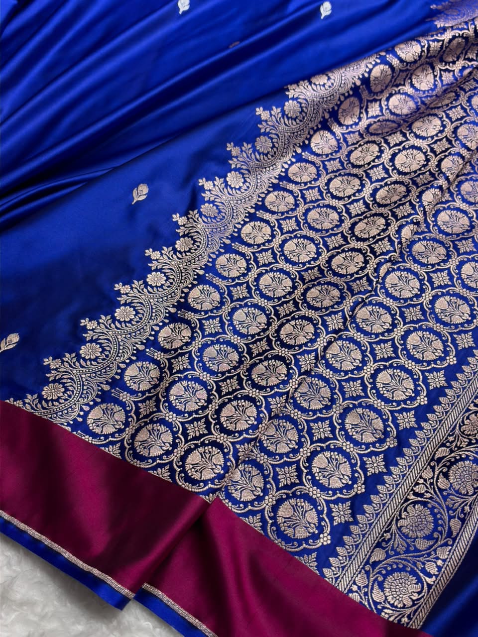 Royal Blue With Rani Shades Border Banarasi Booti Pattern Mashru Silk Saree MSM-141