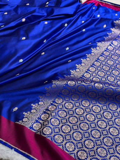 Royal Blue With Rani Shades Border Banarasi Booti Pattern Mashru Silk Saree MSM-141
