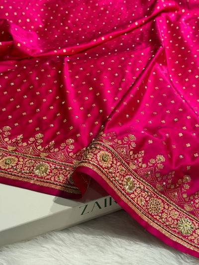Banarasi Satin Katan Saree With Ari & Zardozi Work Boota in Rani Shades BSK112