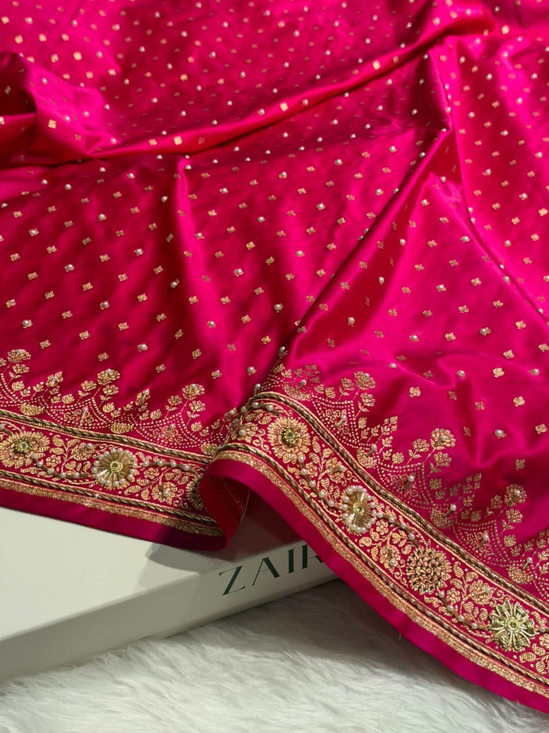 Banarasi Satin Katan Saree With Ari & Zardozi Work Boota in Rani Shades BSK112