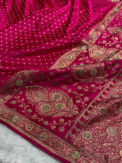 Banarasi Satin Katan Saree With Ari & Zardozi Work Boota in Rani Shades BSK112
