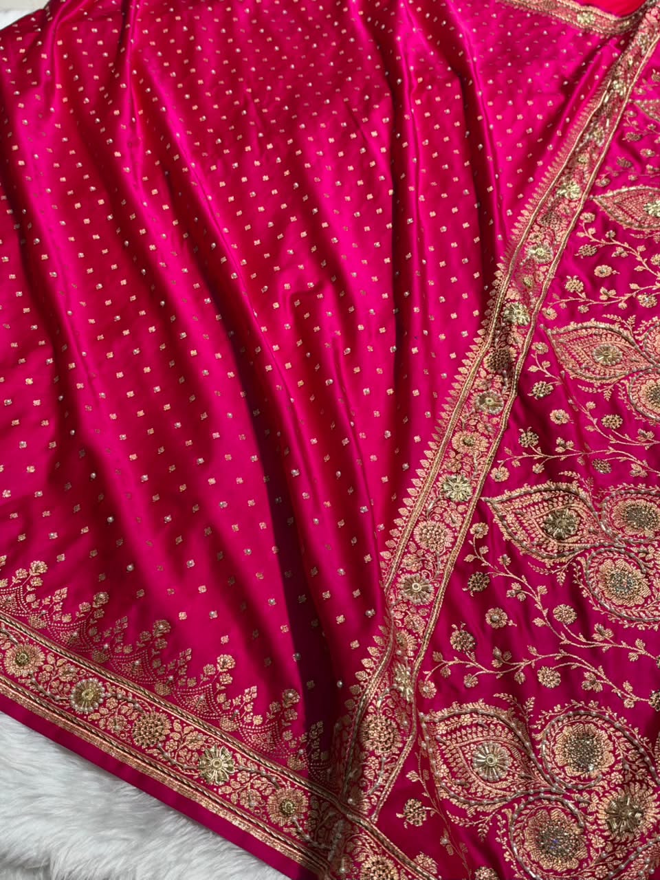 Banarasi Satin Katan Saree With Ari & Zardozi Work Boota in Rani Shades BSK112