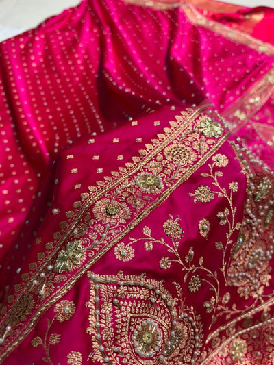 Banarasi Satin Katan Saree With Ari & Zardozi Work Boota in Rani Shades BSK112