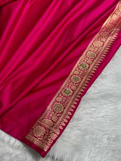 Banarasi Satin Katan Saree With Ari & Zardozi Work Boota in Rani Shades BSK112