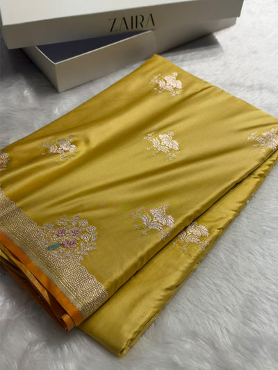 Banarasi Mustard Yellow Shades Floral Mashru Minakari Work Silk Saree MCS87