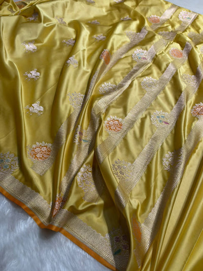 Banarasi Mustard Yellow Shades Floral Mashru Minakari Work Silk Saree MCS87