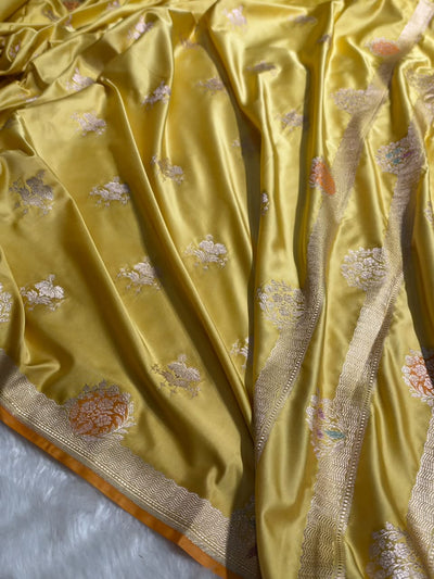 Banarasi Mustard Yellow Shades Floral Mashru Minakari Work Silk Saree MCS87