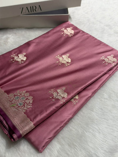 Banarasi Dusty Mauve Pink Shades Floral Mashru Minakari Work Silk Saree MCS87