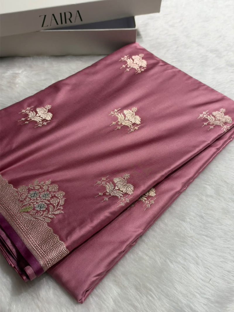 Banarasi Dusty Mauve Pink Shades Floral Mashru Minakari Work Silk Saree MCS87