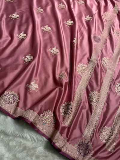 Banarasi Dusty Mauve Pink Shades Floral Mashru Minakari Work Silk Saree MCS87
