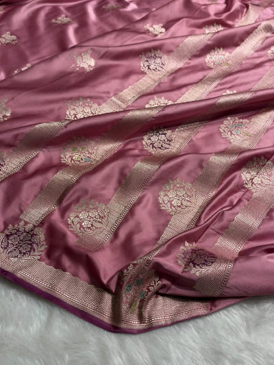 Banarasi Dusty Mauve Pink Shades Floral Mashru Minakari Work Silk Saree MCS87