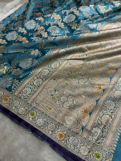 Banarasi Floral Minakari Jaal Pattern in Dusty German Blue Shades Floral Mashru Silk Saree MCS100