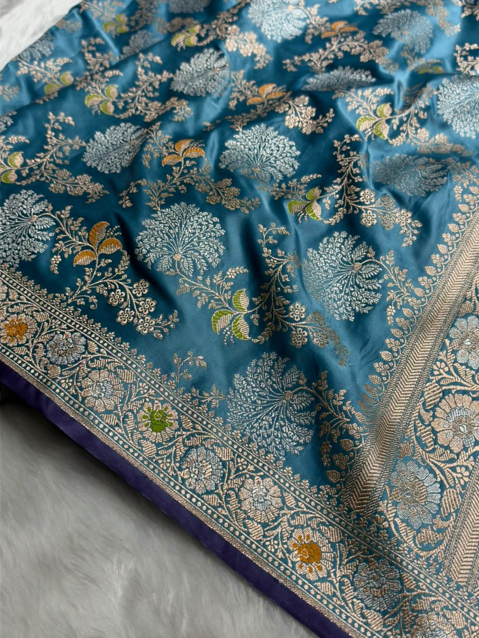 Banarasi Floral Minakari Jaal Pattern in Dusty German Blue Shades Floral Mashru Silk Saree MCS100