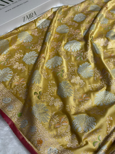 Banarasi Floral Minakari Jaal Pattern in Mustard Yellow Shades Floral Mashru Silk Saree MCS100