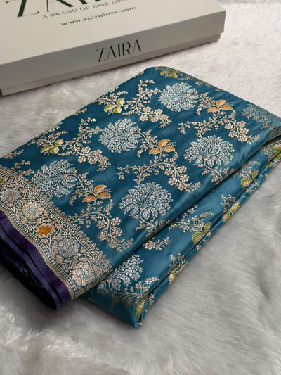 Banarasi Floral Minakari Jaal Pattern in Dusty German Blue Shades Floral Mashru Silk Saree MCS100