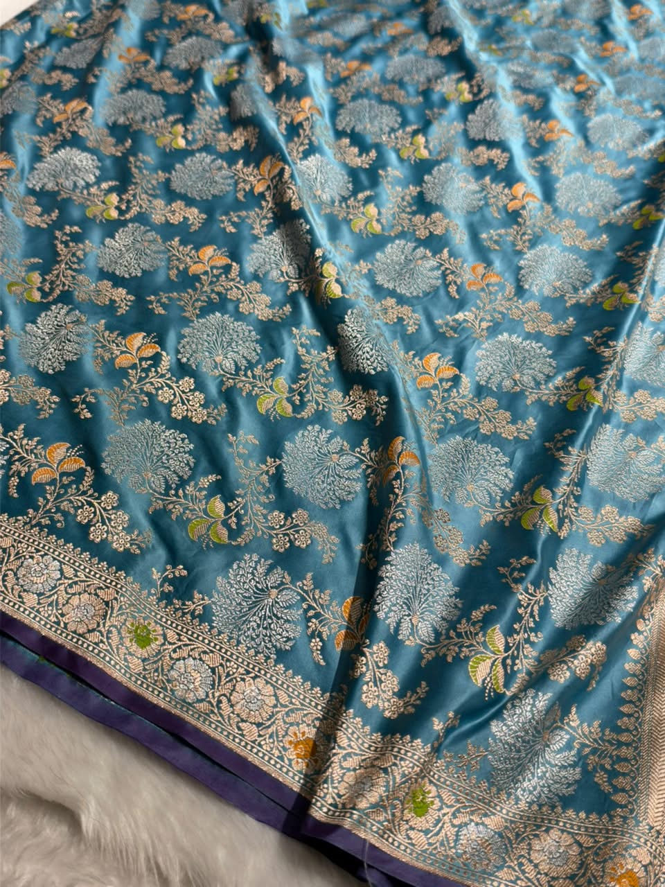 Banarasi Floral Minakari Jaal Pattern in Dusty German Blue Shades Floral Mashru Silk Saree MCS100