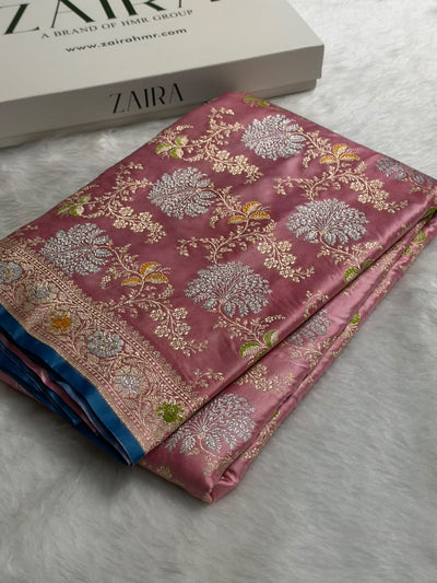 Banarasi Floral Minakari Jaal Pattern in Mauve Pink Shades Floral Mashru Silk Saree MCS100