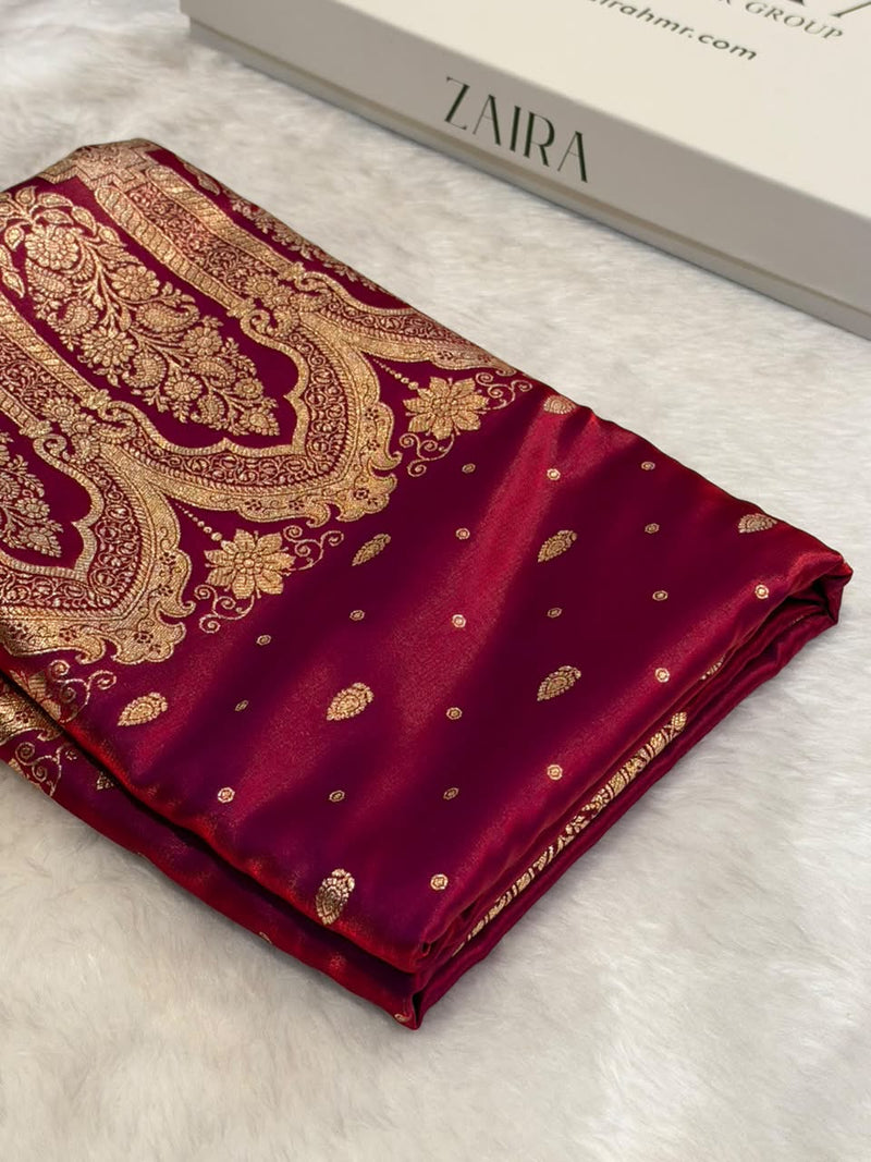 Banarasi Redish Magenta Shades Booti Pattern Banarasi Satin Silk Saree SS64
