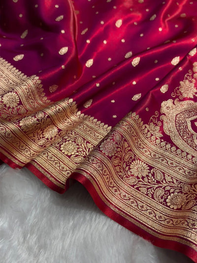 Banarasi Redish Magenta Shades Booti Pattern Banarasi Satin Silk Saree SS64