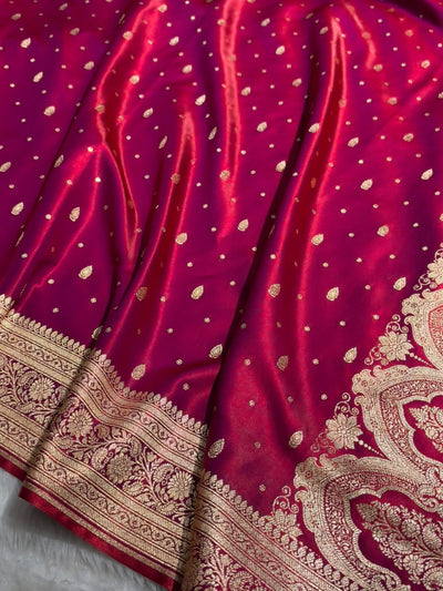 Banarasi Redish Magenta Shades Booti Pattern Banarasi Satin Silk Saree SS64