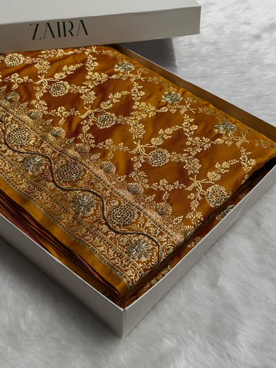 Mustard Yellow Shades Jaal Floral Pattern With Zardozi And Swarovski Stone Work Satin Katan Silk Saree BSK80