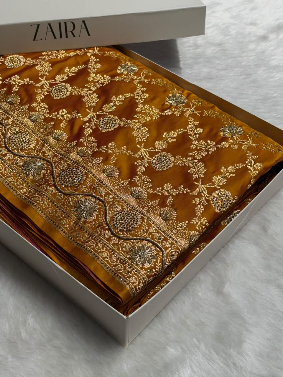 Mustard Yellow Shades Jaal Floral Pattern With Zardozi And Swarovski Stone Work Satin Katan Silk Saree BSK80