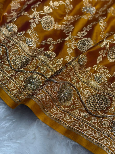 Mustard Yellow Shades Jaal Floral Pattern With Zardozi And Swarovski Stone Work Satin Katan Silk Saree BSK80