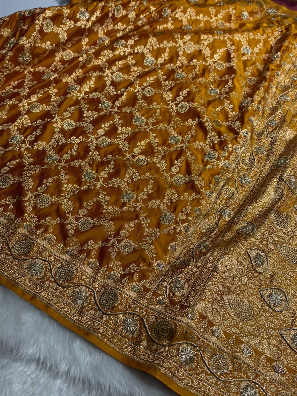 Mustard Yellow Shades Jaal Floral Pattern With Zardozi And Swarovski Stone Work Satin Katan Silk Saree BSK80