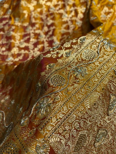 Mustard Yellow Shades Jaal Floral Pattern With Zardozi And Swarovski Stone Work Satin Katan Silk Saree BSK80