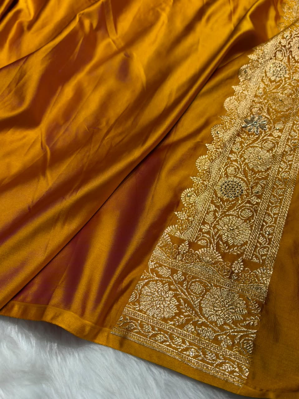 Mustard Yellow Shades Jaal Floral Pattern With Zardozi And Swarovski Stone Work Satin Katan Silk Saree BSK80