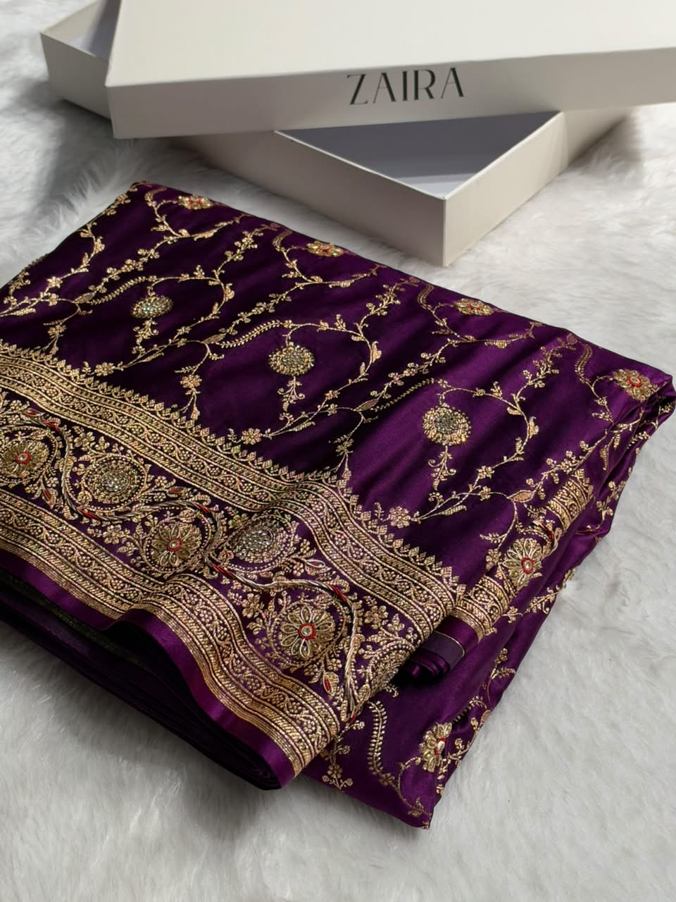 Banarasi Satin Katan Saree With Heavy Zardozi Work in Deep Purple Shades BSK113