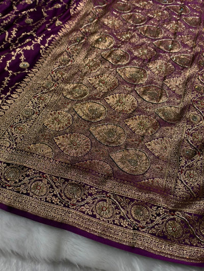 Banarasi Satin Katan Saree With Heavy Zardozi Work in Deep Purple Shades BSK113