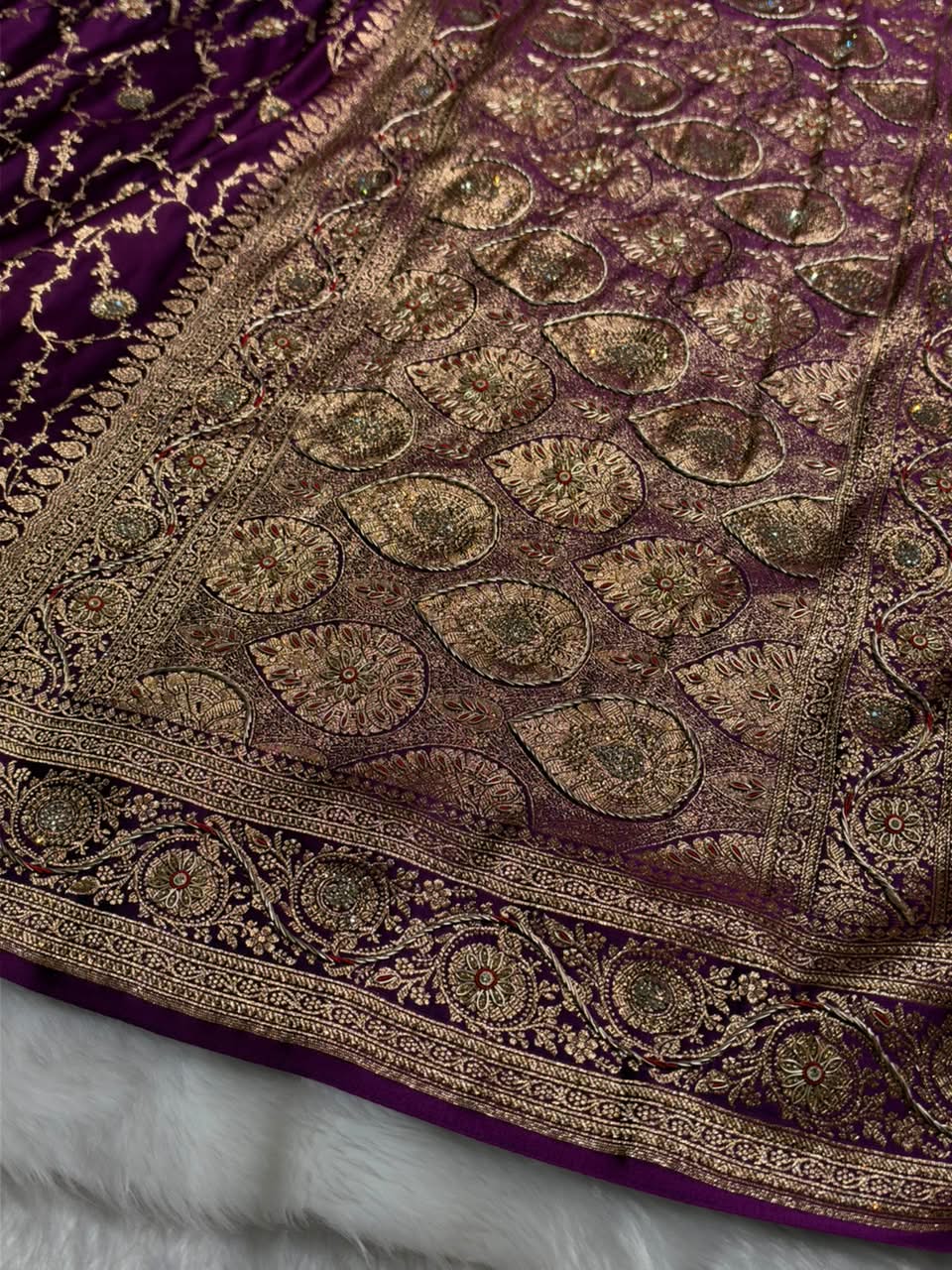 Banarasi Satin Katan Saree With Heavy Zardozi Work in Deep Purple Shades BSK113