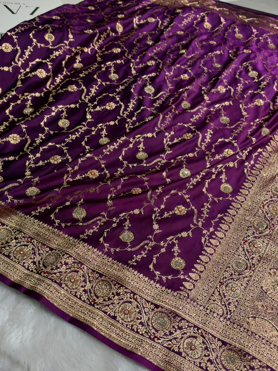 Banarasi Satin Katan Saree With Heavy Zardozi Work in Deep Purple Shades BSK113