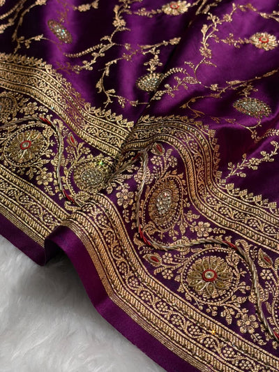 Banarasi Satin Katan Saree With Heavy Zardozi Work in Deep Purple Shades BSK113