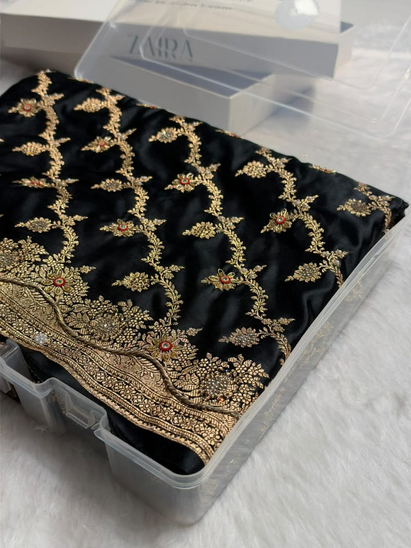 Banarasi Satin Katan With Heavy Zardozi Work in Black Satin Katan Silk saree BSK147