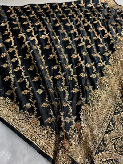 Banarasi Satin Katan With Heavy Zardozi Work in Black Satin Katan Silk saree BSK147