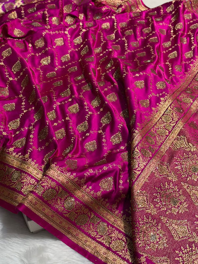 Rani Pink Floral Jaal Pattern Satin Katan Silk saree BSK42