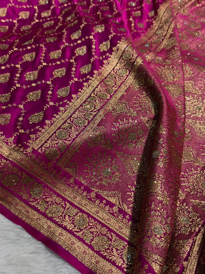 Rani Pink Floral Jaal Pattern Satin Katan Silk saree BSK42