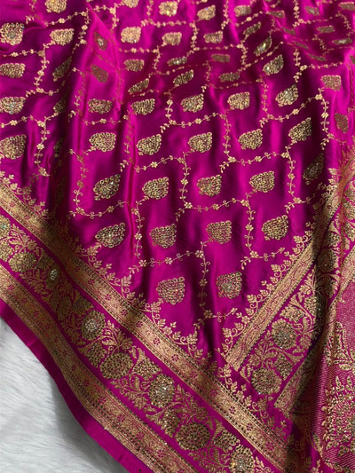 Rani Pink Floral Jaal Pattern Satin Katan Silk saree BSK42